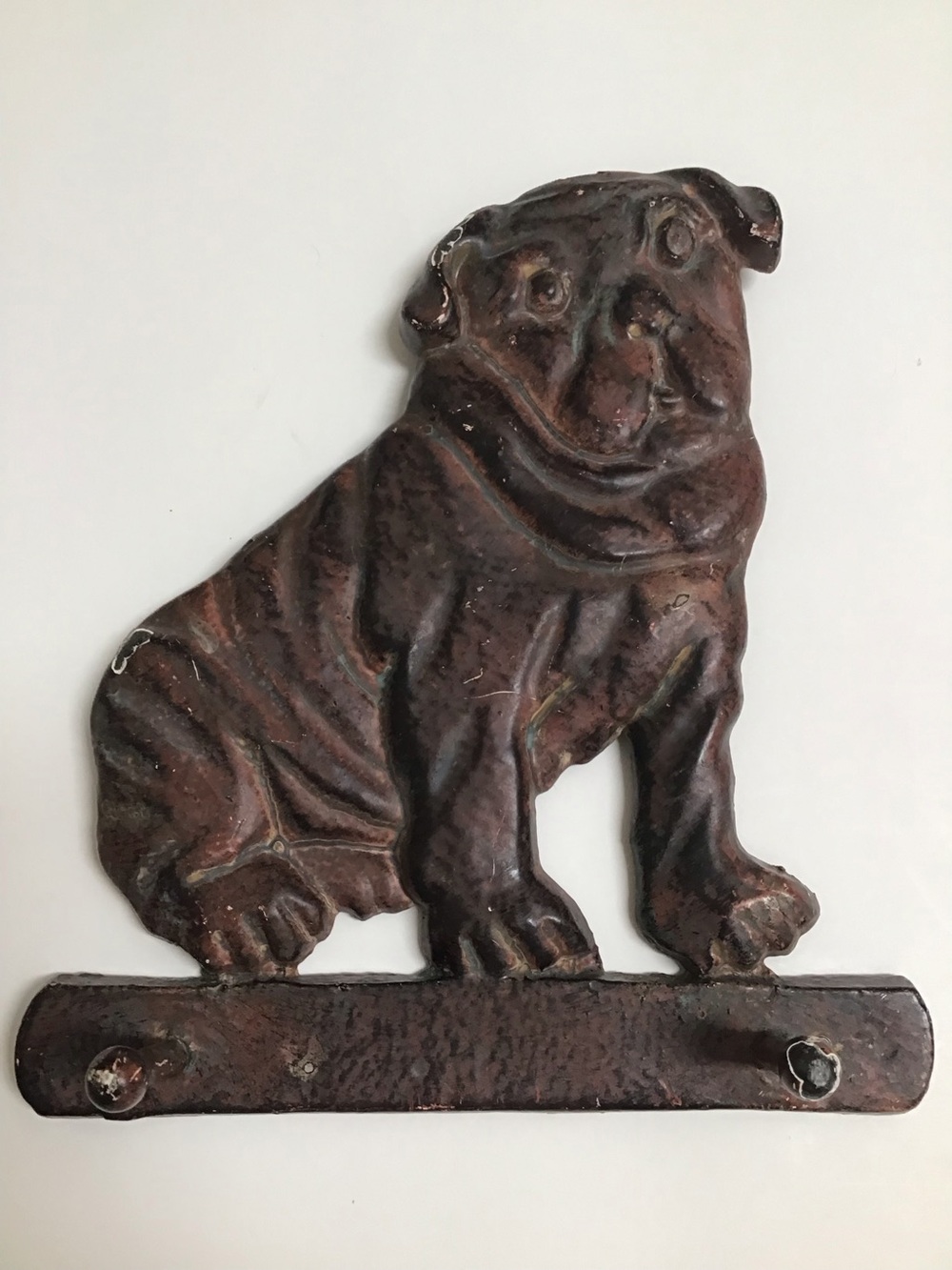 Cast Iron Bulldog Wall Hanging Peg Hook Rack Plaque Metal 8” Key Leash Vintage